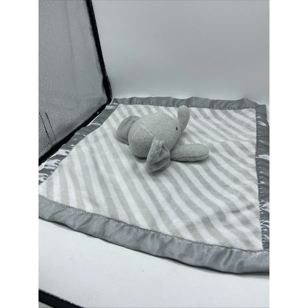 Cloud Island Elephant Gray White Striped Satin Baby Security Blanket Lovey Toy